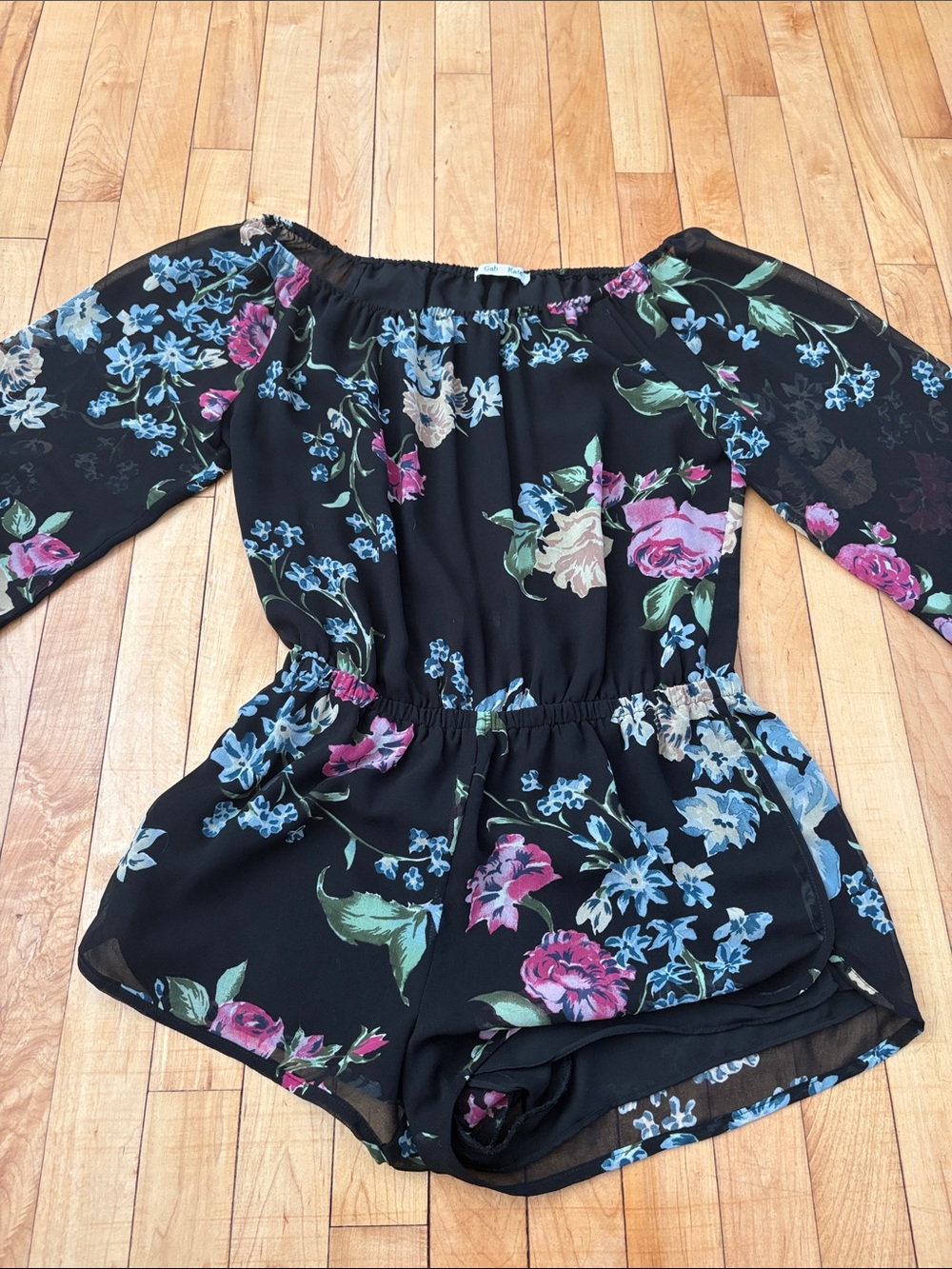 Mixology Gab and Kate black floral off the shoulder romper size medium